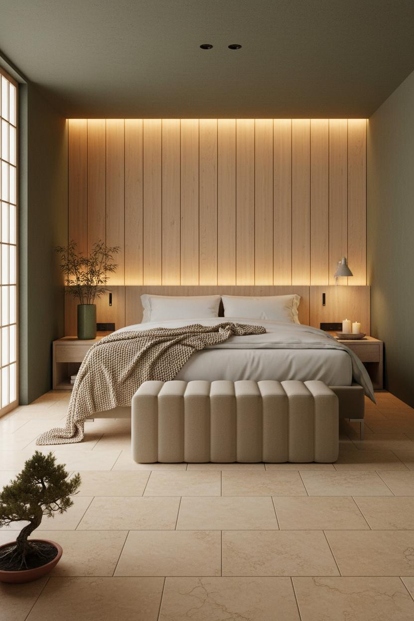 Bright boutique hotel bedroom with platform bed, channel-quilted ottoman, soft neutral bedding, warm wood nightstands, and natural window light creating a calm 5-star hotel aesthetic.
