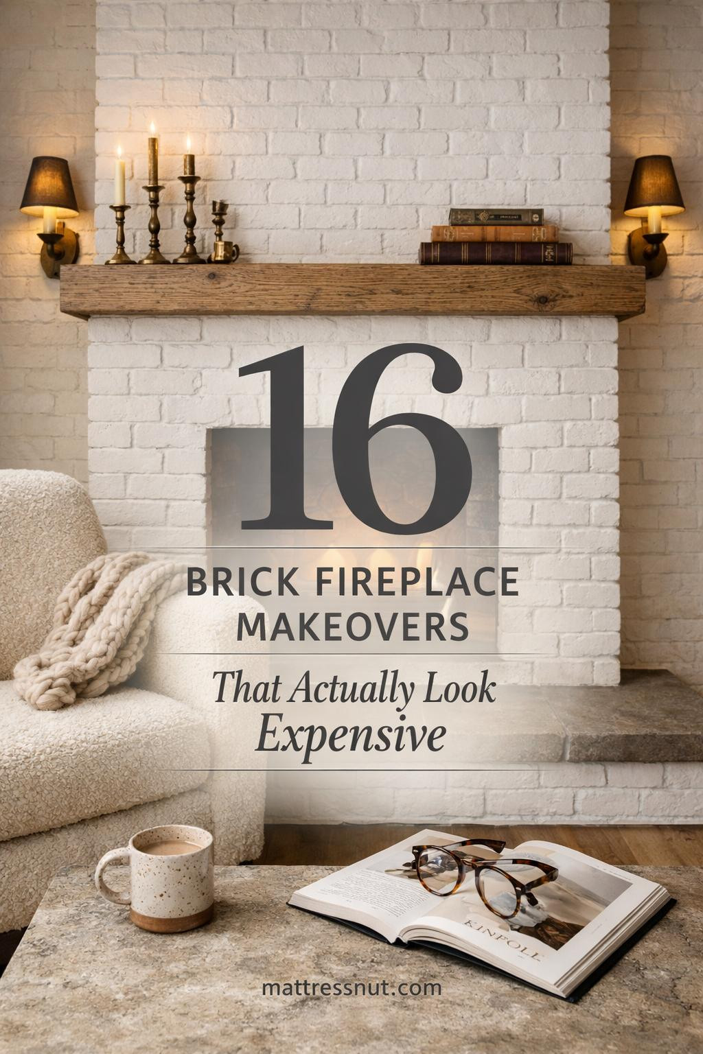 White painted brick fireplace with wooden mantel, modern decor, plants, and neutral living room furniture