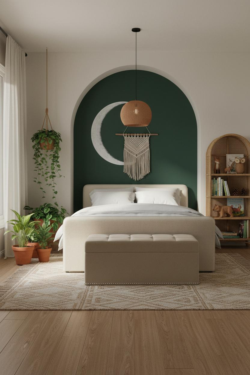 Children's Bedroom Boho Forest Green Alcove Moon Design