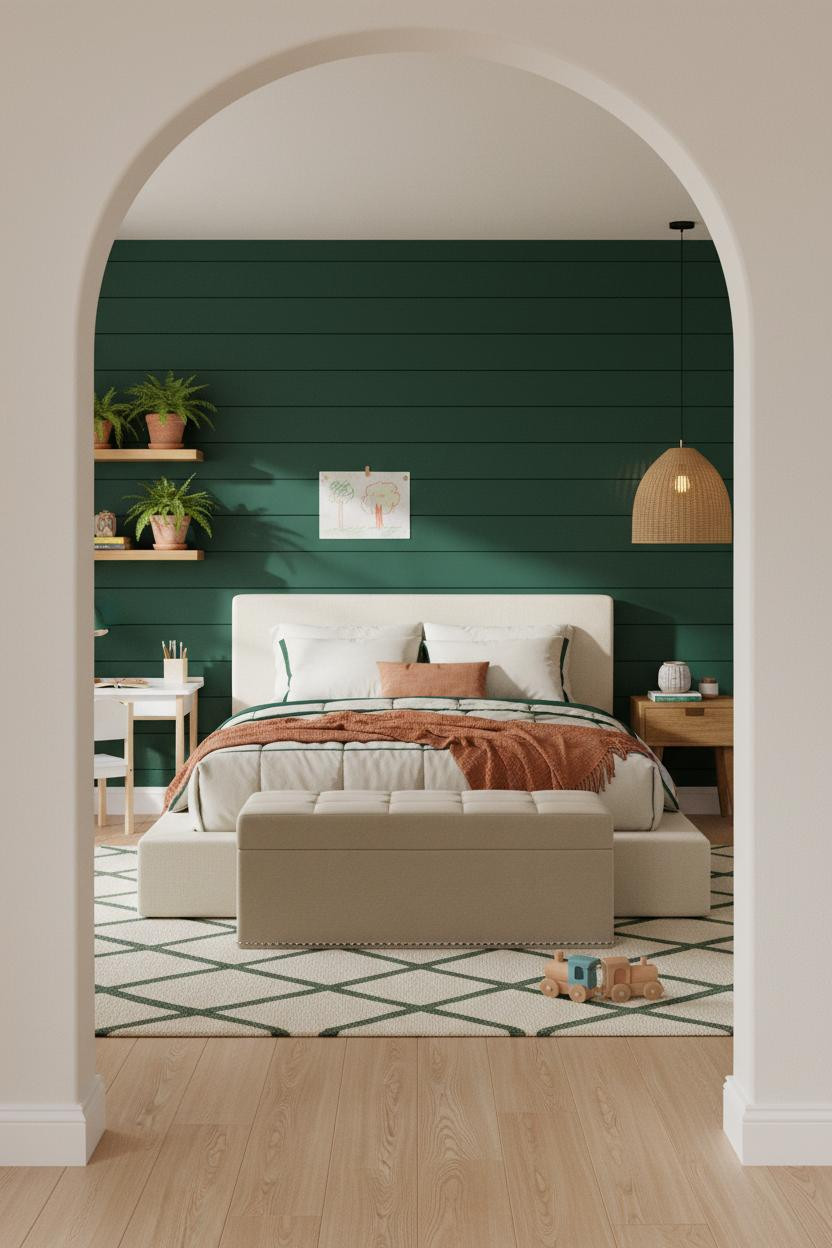 Children's Bedroom Green Shiplap Botanical Design