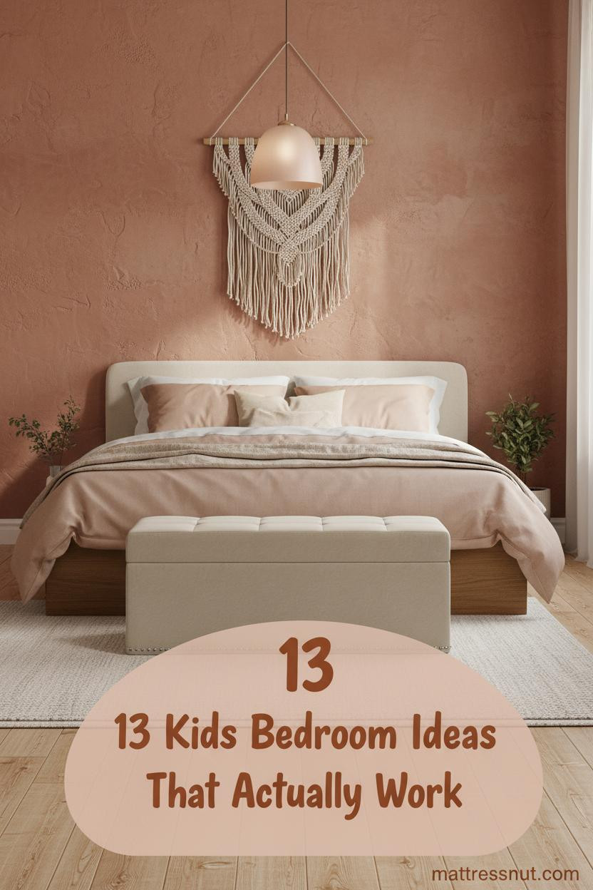 Boho kids bedroom with dusty terracotta limewash wall, low natural wood bed, cream wool rug, macrame wall hanging, and warm pendant light