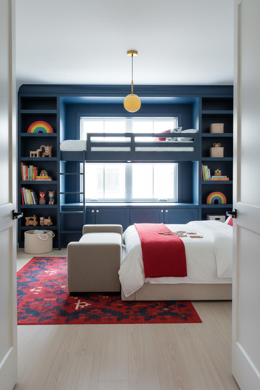 Children's Bedroom Navy Scandi Design With Shelving