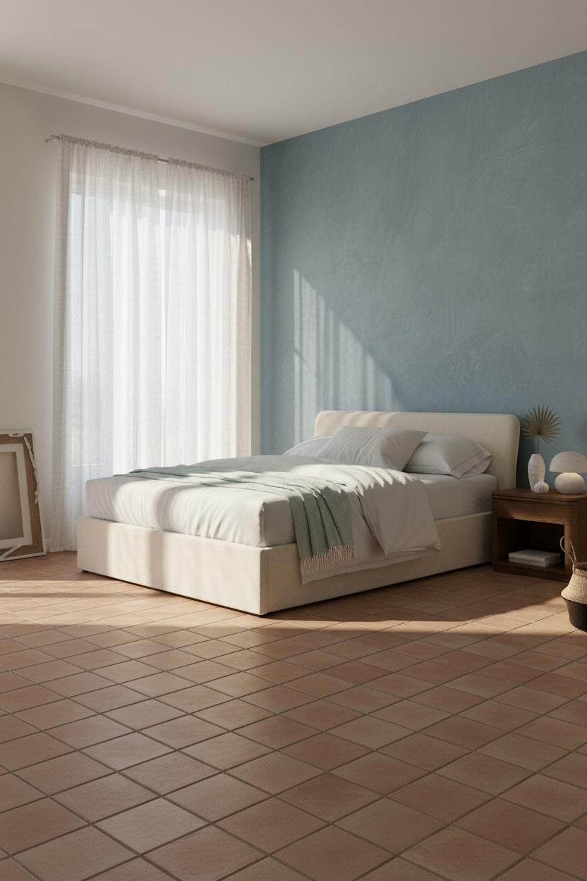 Bright coastal bedroom with cream bedding, natural wood nightstand, soft blue accents, woven textures, and warm natural light from windows creating a serene beachy aesthetic.