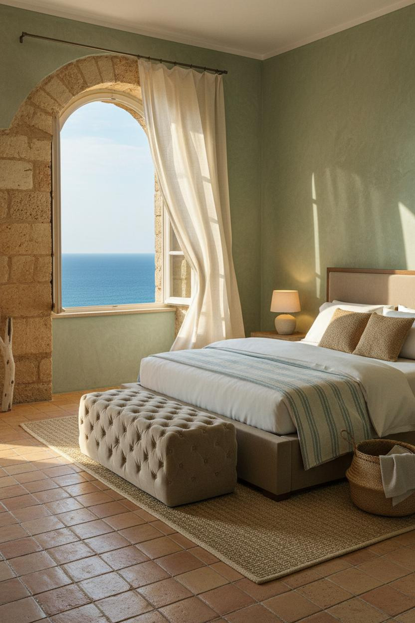 Bright coastal bedroom with soft cream bedding, tufted ottoman, natural wood accents, and warm daylight from windows creating a calm, beachy aesthetic.