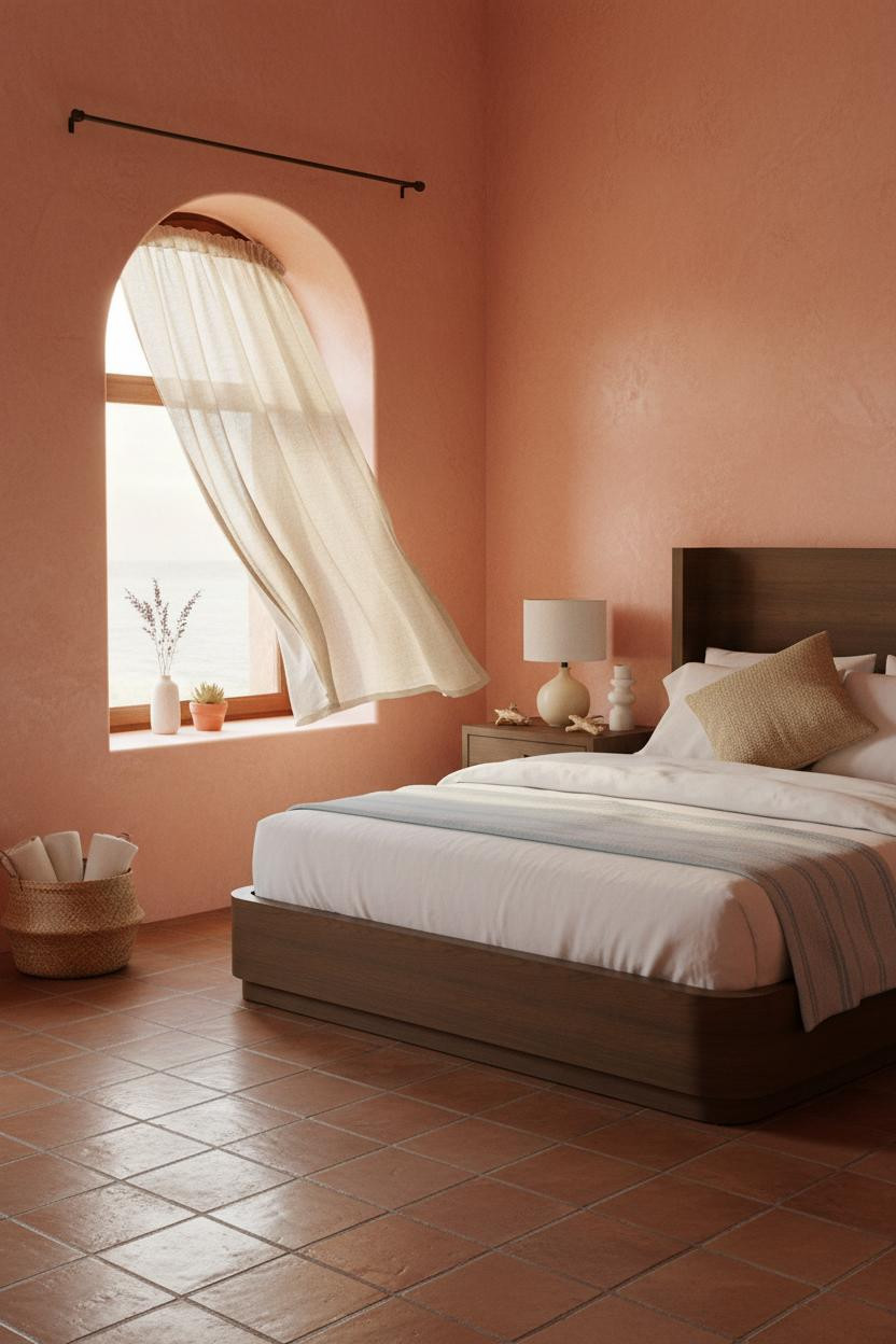 Bright coastal bedroom with soft cream bedding, natural wood bed frame, woven bedside lamp, light oak flooring, and airy neutral palette creating a calm beachy aesthetic.