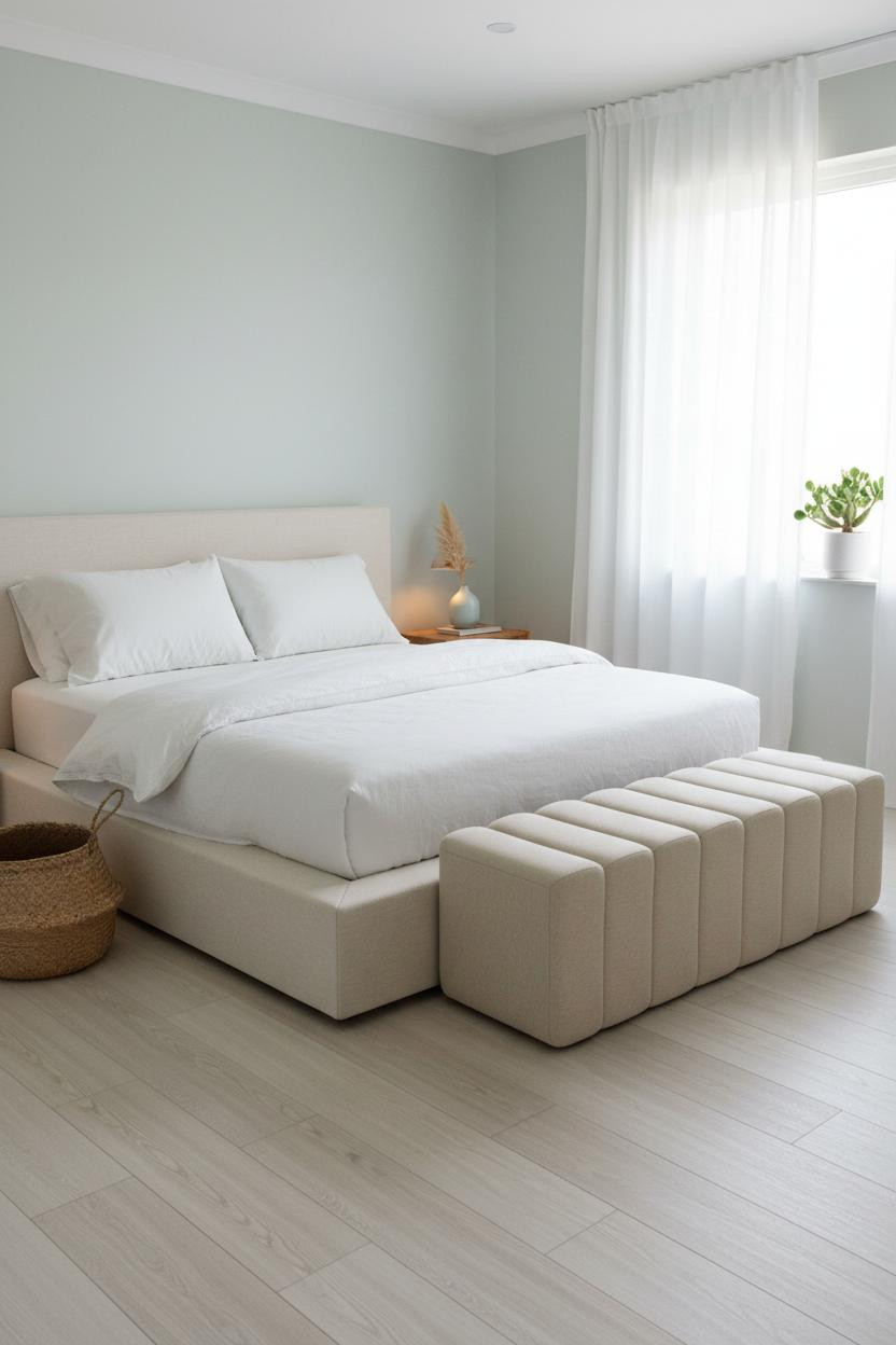 Bright coastal bedroom with neutral bedding, upholstered bed frame, woven textures, soft natural light from windows, cream and white color palette, minimalist coastal aesthetic with calm, airy atmosphere.