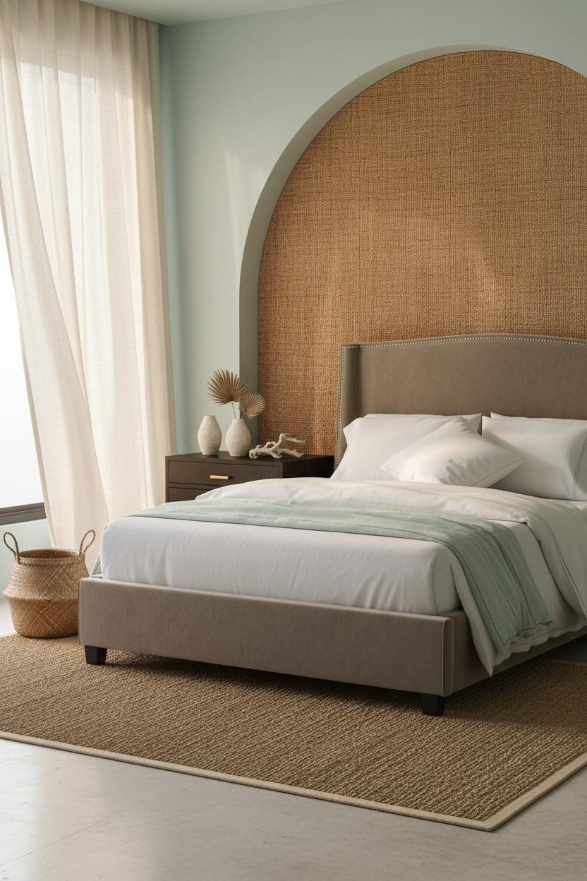 Bright coastal bedroom with light wood bed frame, cream bedding, woven nightstand, soft blue accents, natural window light, and calm beachy aesthetic throughout the serene space.