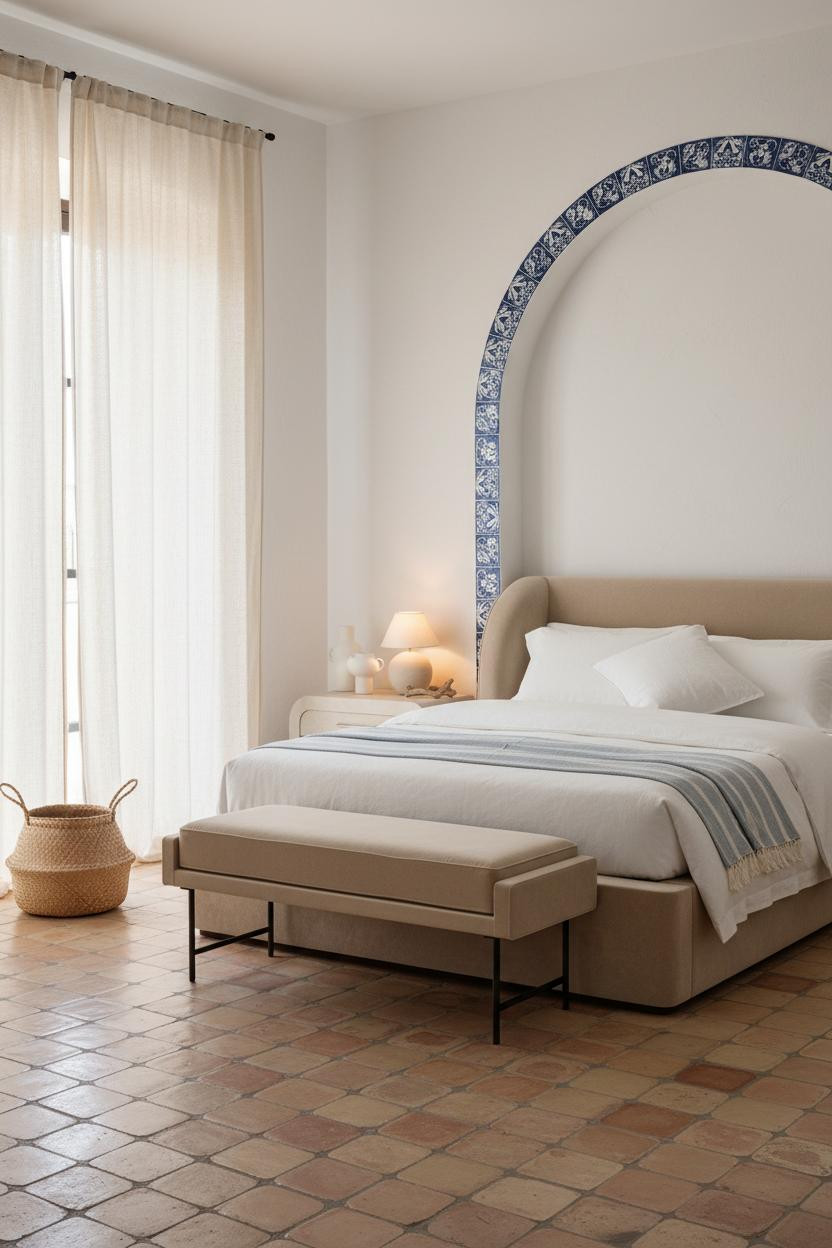 Bright coastal bedroom with upholstered bed frame, cushioned bench at foot, soft neutral bedding, natural wood accents, woven textures, and warm daylight from windows creating serene beachy aesthetic.