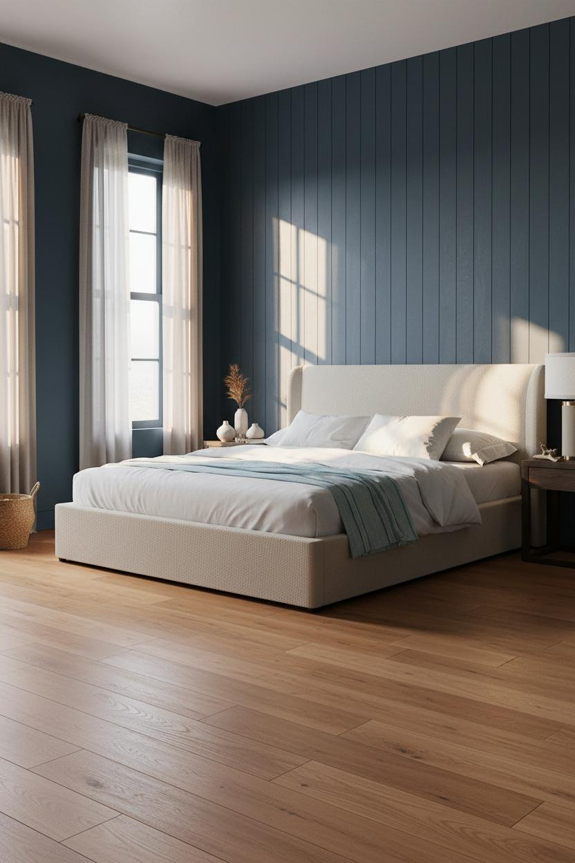 Bright coastal bedroom with light wood bed frame, soft white bedding, cream linen pillows, and brass bedside lamp on natural wood nightstand. Airy room with neutral palette and coastal aesthetic.