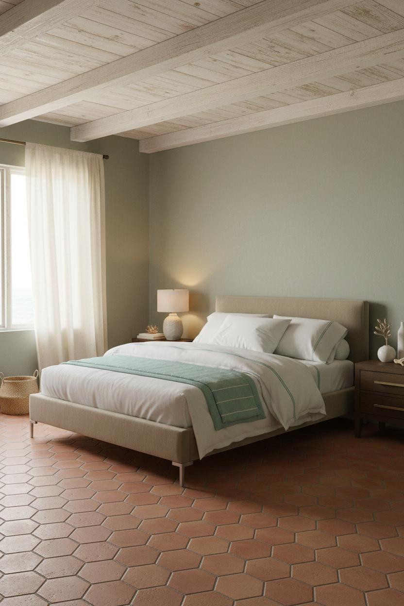 Bright coastal bedroom with light wood bed frame, white bedding, woven nightstand, soft neutral palette, natural window light, and calm seaside aesthetic throughout the serene space.