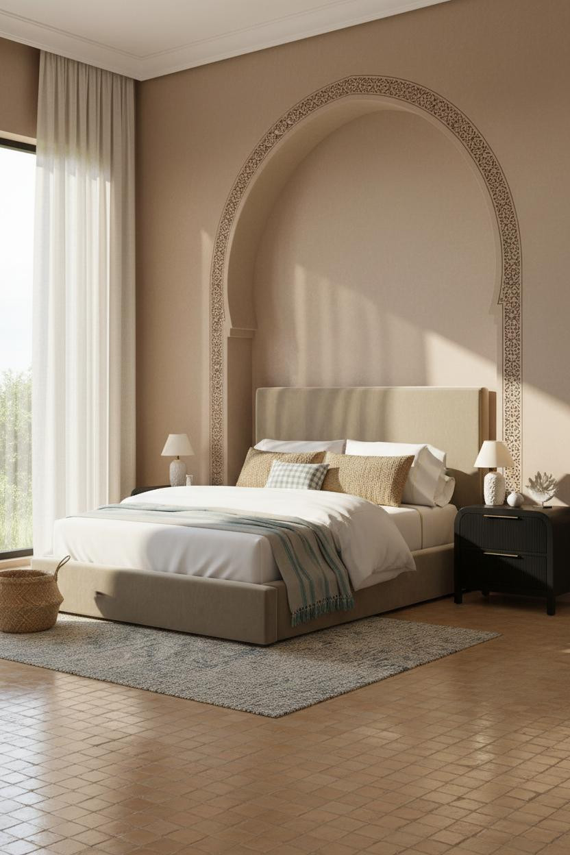 Bright coastal bedroom with light wood bed frame, cream bedding, woven nightstand, soft natural light from window, neutral palette with subtle blue accents, calm serene aesthetic.