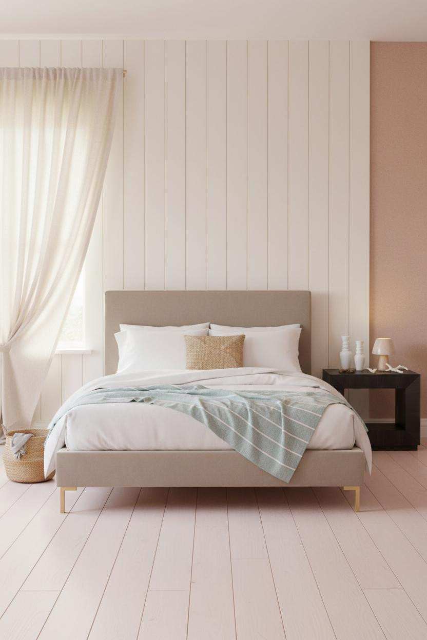 Bright coastal bedroom with light wood bed frame, white bedding, woven nightstand, soft neutral palette, natural window light, and calm beachy aesthetic throughout the serene space.