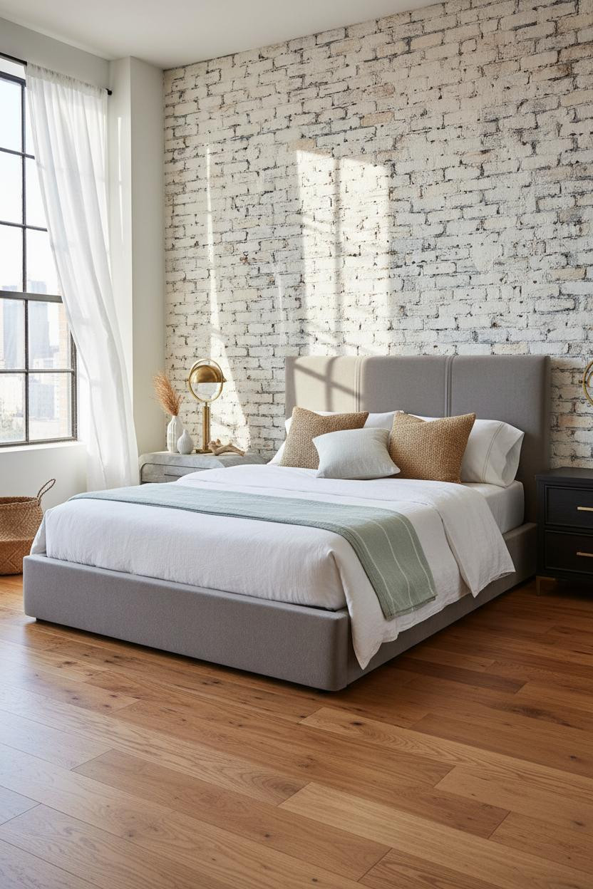 Bright coastal bedroom with white bedframe, soft cream linens, black nightstand, natural wood accents, and warm daylight from window creating serene beachy aesthetic.