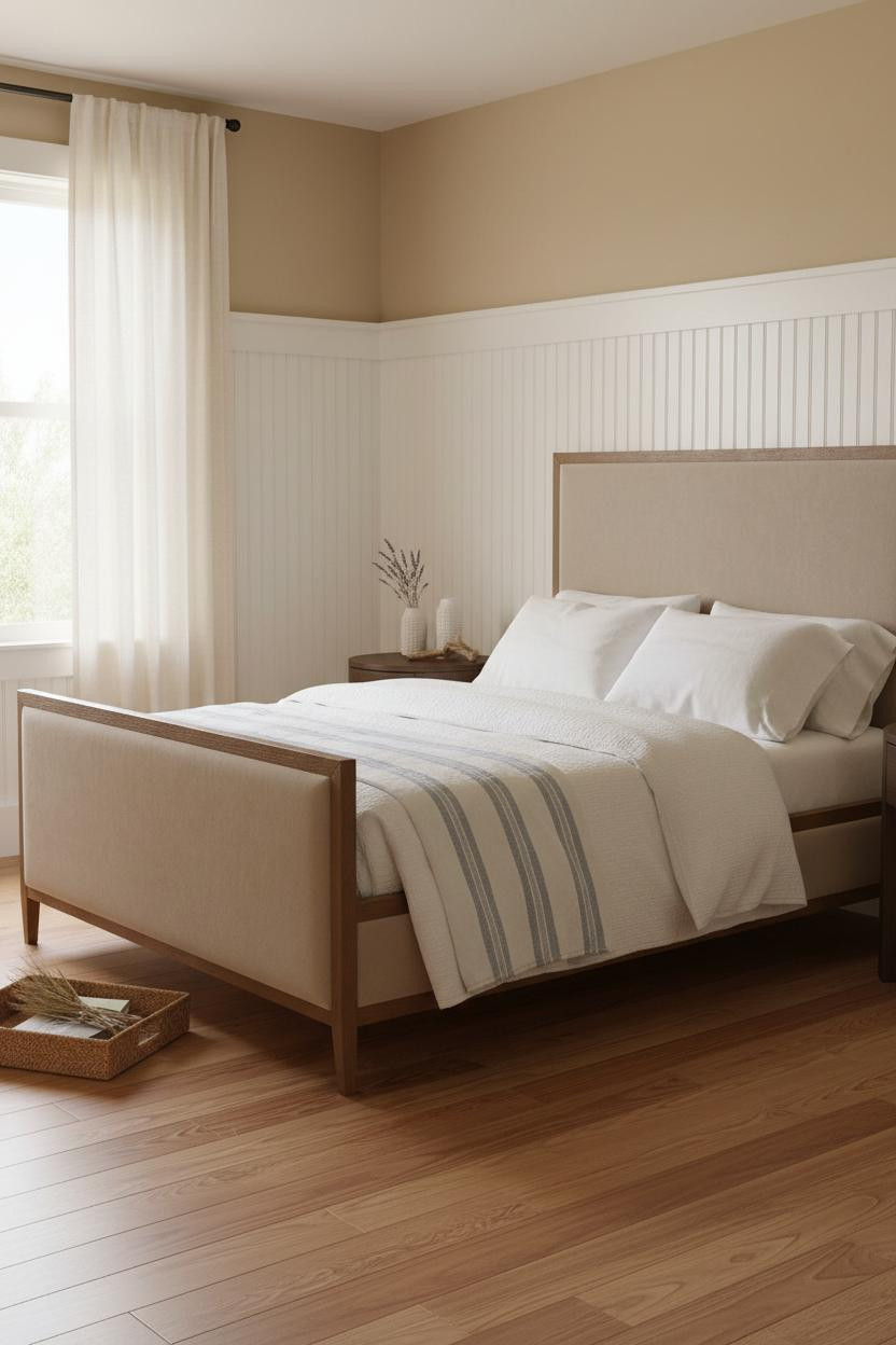 Bright coastal bedroom with soft cream bedding, natural wood nightstand, woven accents, and warm neutral palette. Clean, airy space with soft window light and coastal farmhouse style.