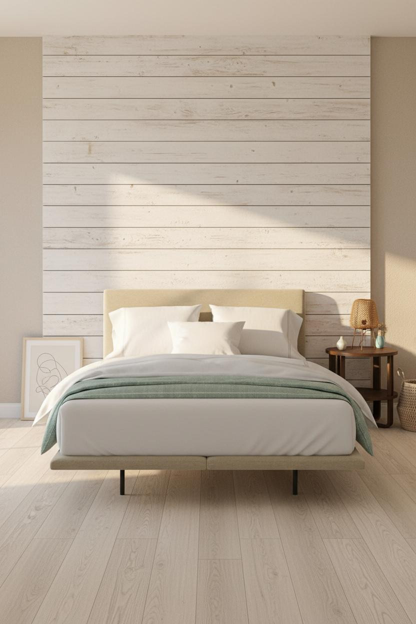 Bright coastal bedroom with light wood bed frame, cream linen bedding, natural wood nightstand, soft white walls, and warm natural daylight from windows creating an airy beachy aesthetic.