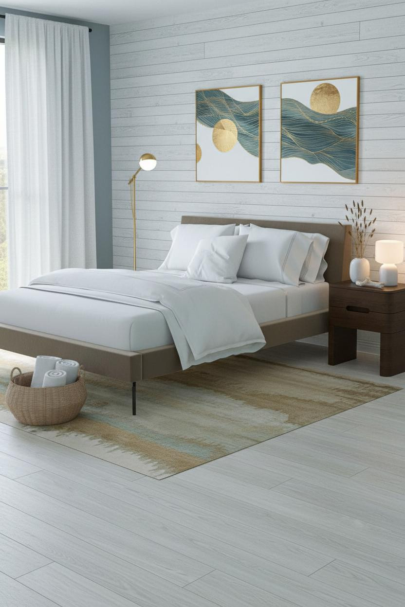Bright coastal bedroom with light wood bed frame, white bedding, woven nightstand, soft blue accents, natural window light, and calm seaside aesthetic throughout.