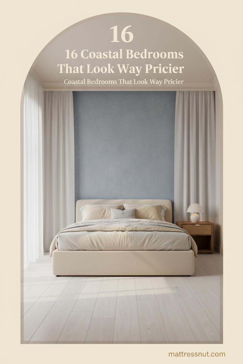 Coastal bedroom with dusty blue limewash wall, bleached oak floors, ivory linen bedding, rattan nightstand, and soft morning light through sheer panels