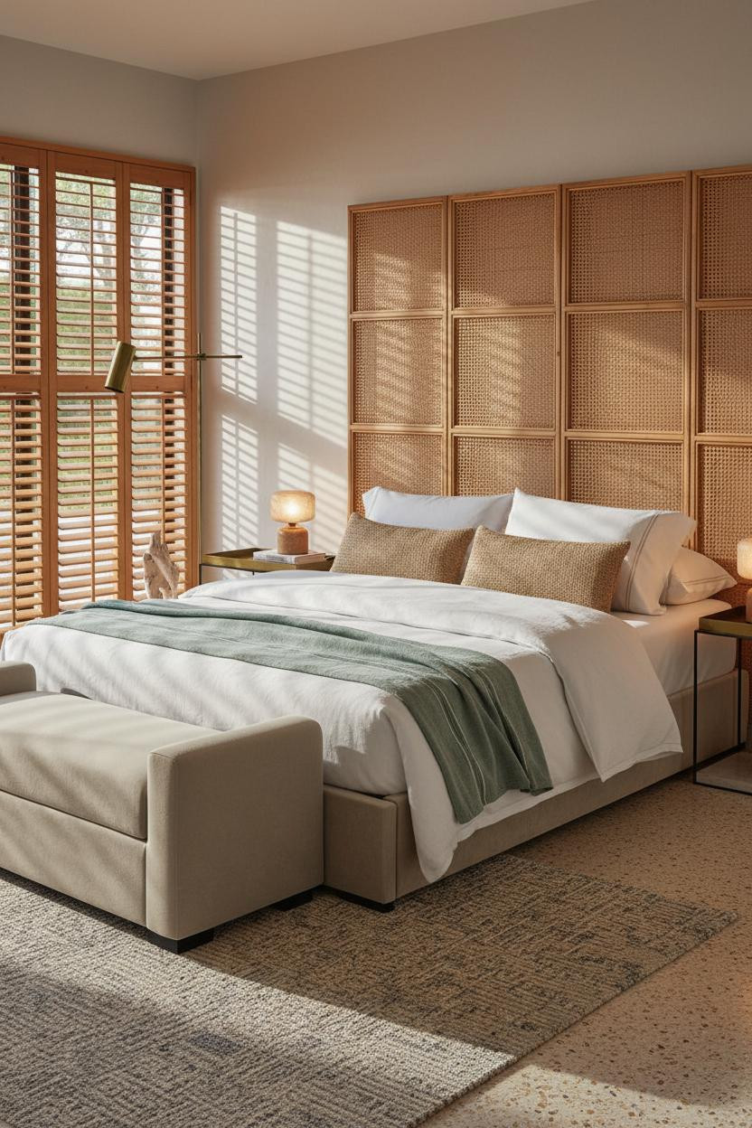 Bright coastal bedroom with light wood platform bed, cream linen bedding, woven cushioned bench at foot, soft natural light from windows, neutral palette with coastal accents.