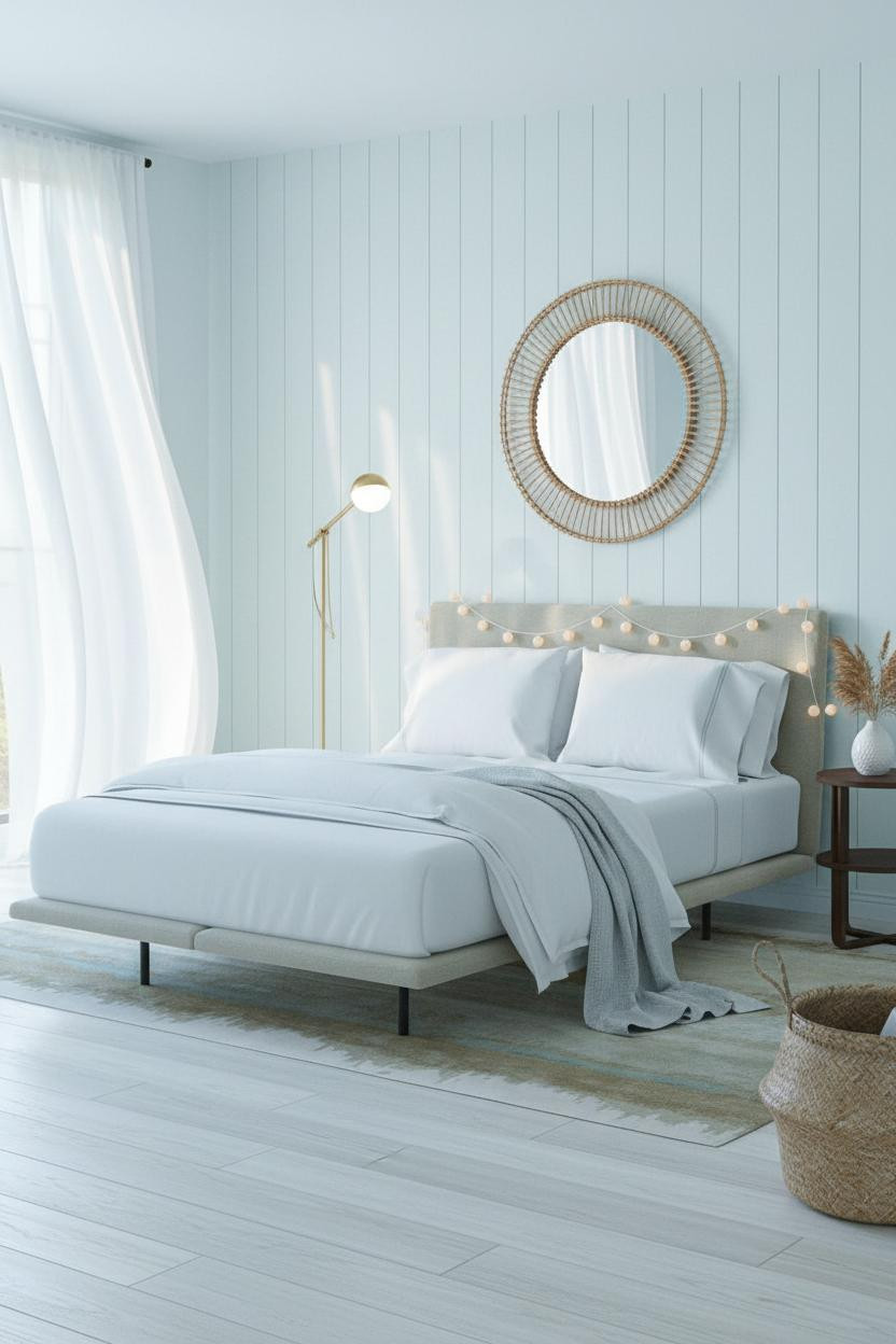 Bright coastal granddaughter bedroom with soft blue walls, white bedding on upholstered bed frame, wooden nightstand, and beach house aesthetic with natural daylight from windows.