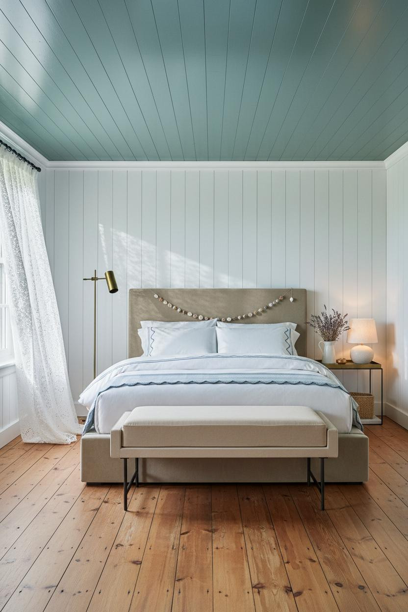 Bright coastal bedroom with soft blue walls, white bedding on upholstered bed frame, cushioned bench at foot, natural light from windows, beach house aesthetic with calm neutral tones.