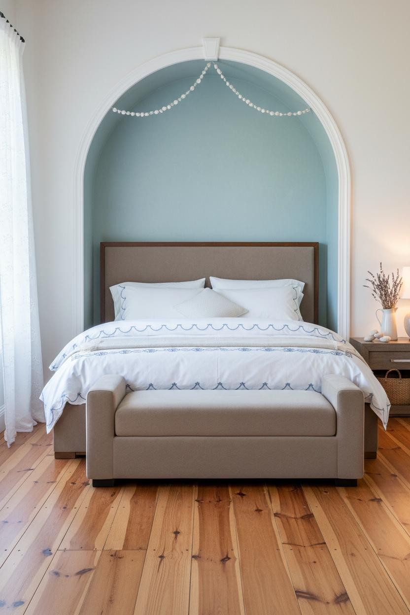 Bright coastal bedroom with soft blue walls, white bedding on a wooden frame bed, cream cushioned bench at foot, natural light from windows, beach house aesthetic with calm neutral tones.