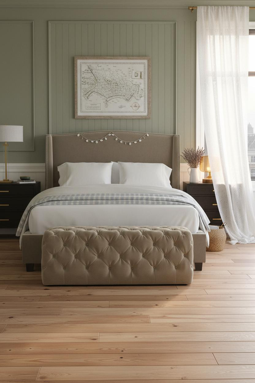 Bright coastal bedroom with soft blue walls, white bedding on a platform bed, tufted ottoman, natural light from windows, and beach house aesthetic with neutral tones and clean furnishings.