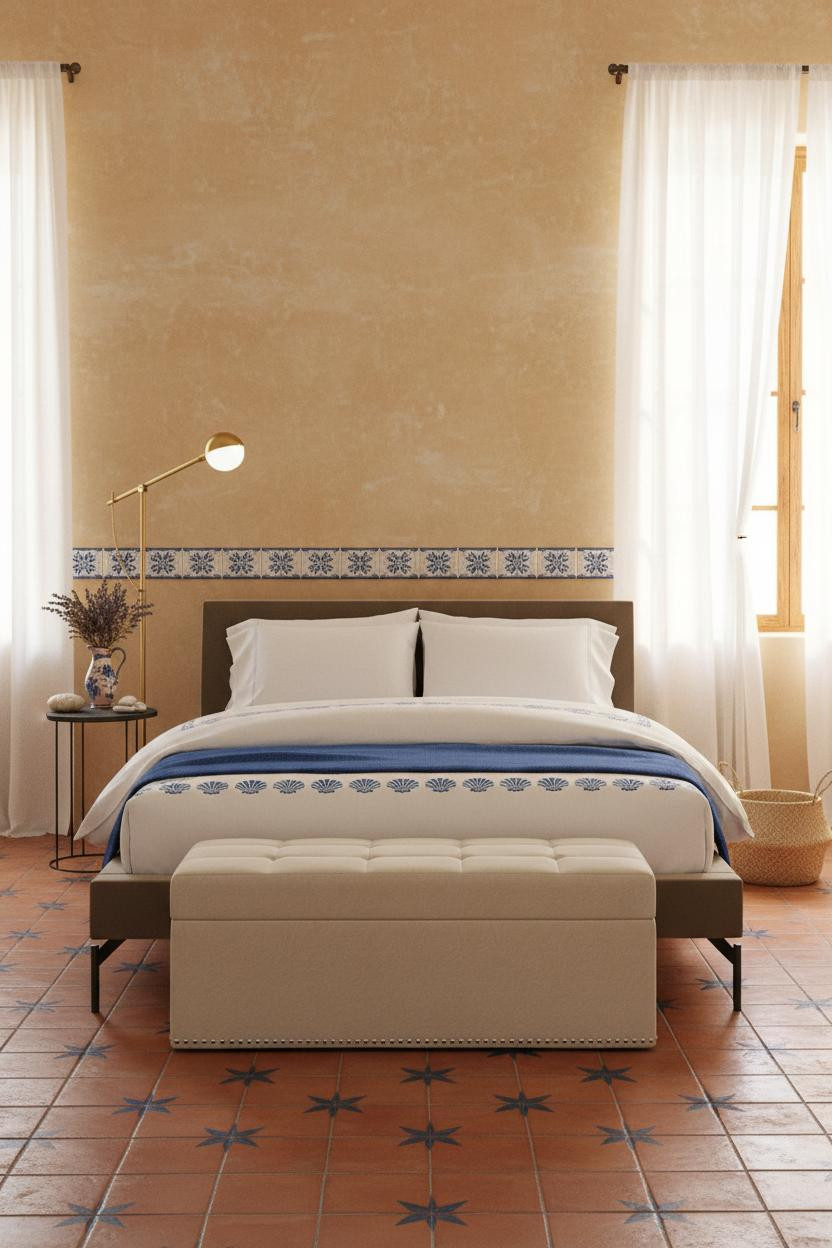 Bright coastal granddaughter bedroom with soft blue walls, white bedding on wooden bed frame, woven storage bench, natural light from windows, and beach house aesthetic throughout.