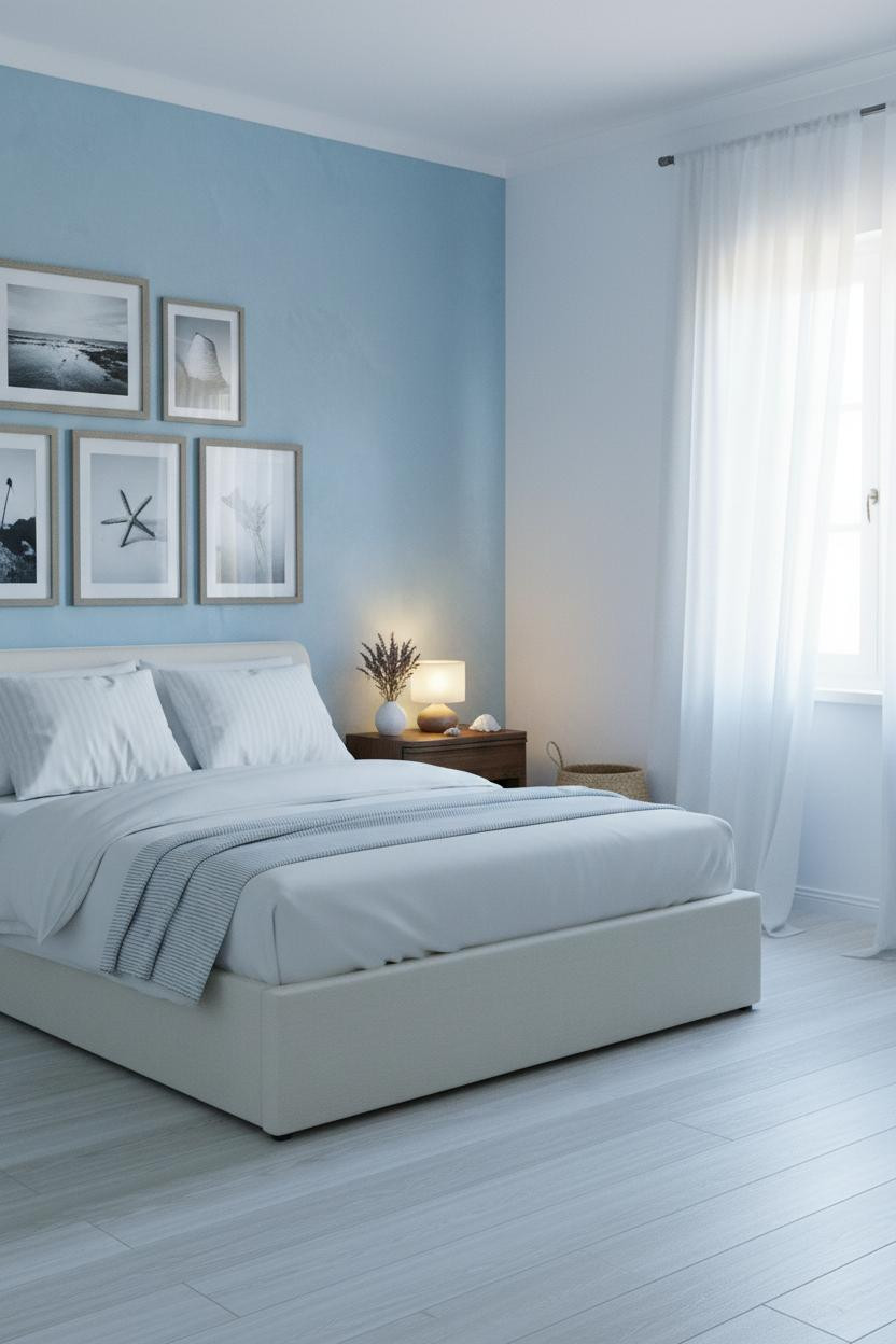 Bright coastal granddaughter bedroom with soft blue walls, white bedding on wood bed frame, woven nightstand, natural window light, and beach house aesthetic throughout.