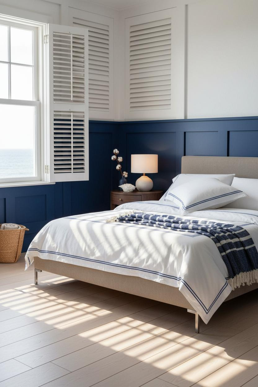Bright coastal bedroom with soft blue walls, white bedding on wooden bed frame, light wood nightstand, natural window light, and beach house aesthetic throughout the airy space.