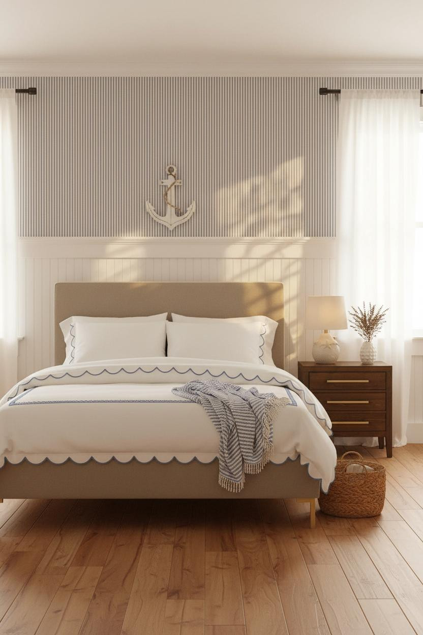 Bright coastal bedroom with soft blue walls, white bedding on wooden bed frame, cream nightstand, natural window light, and beach house aesthetic throughout the airy space.