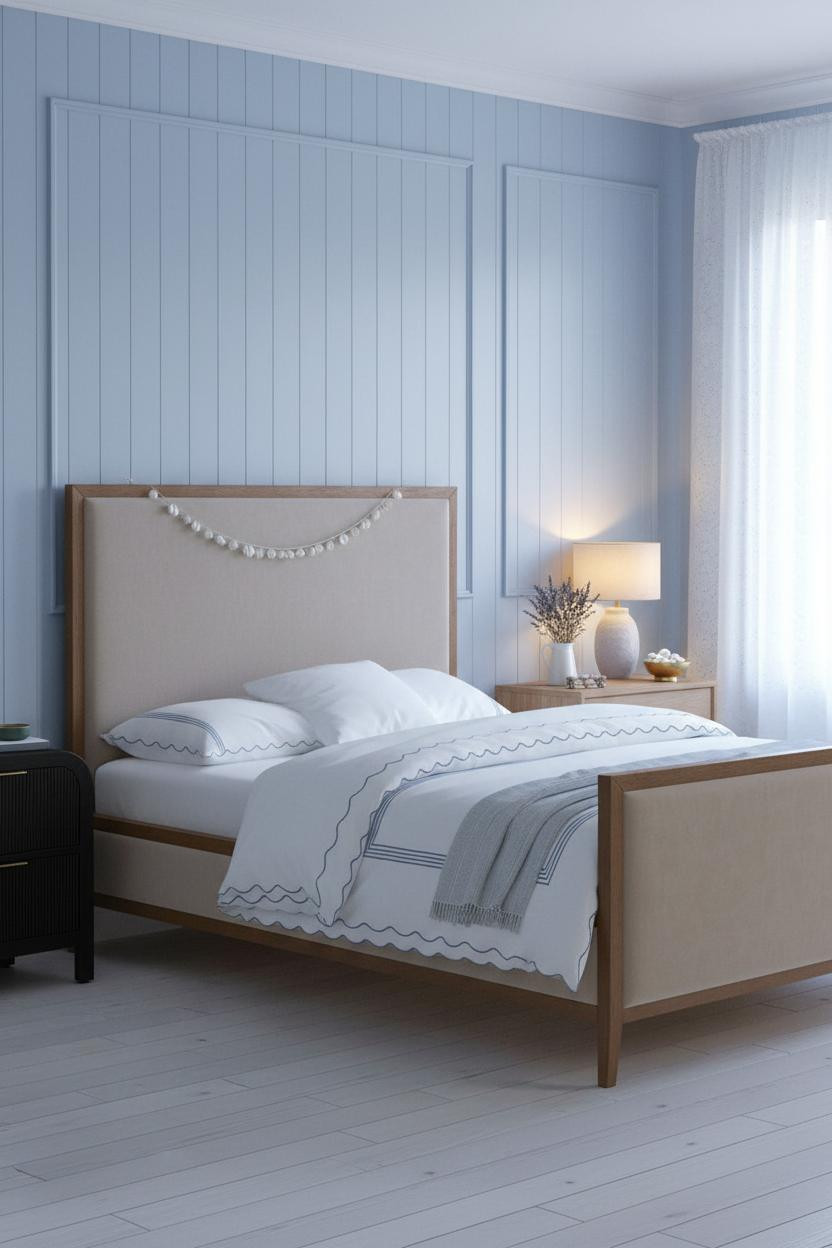 Bright coastal bedroom with soft blue walls, white bedding on wood bed frame, light wood nightstand, sheer white curtains, and natural daylight creating a calm beach house aesthetic.
