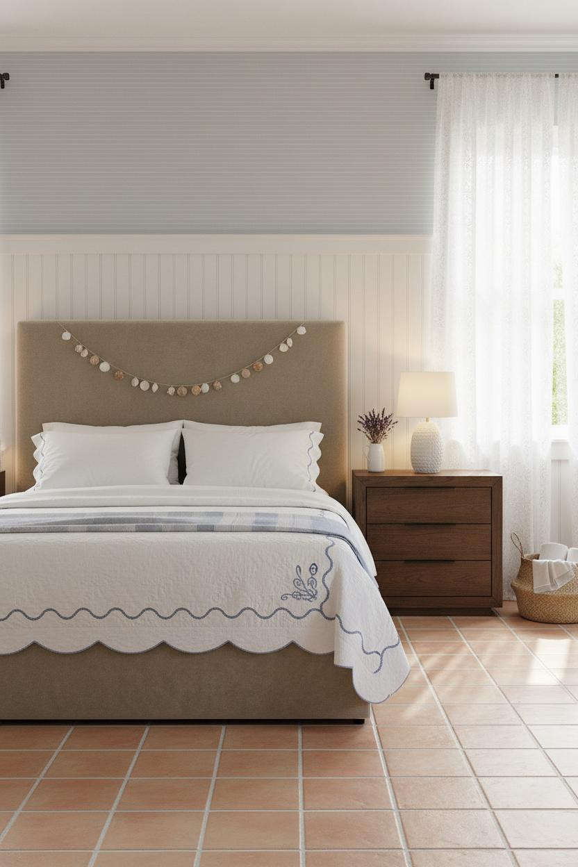 Bright coastal bedroom with soft blue walls, white bedding on light wood bed frame, matching nightstand, natural window light, and beach house aesthetic throughout.