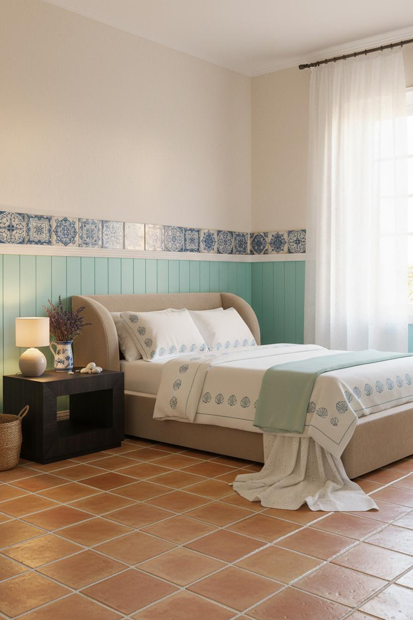 Bright coastal granddaughter bedroom with soft blue walls, white bedding on wooden bed frame, white nightstand, natural window light, and beach house aesthetic throughout the airy space.
