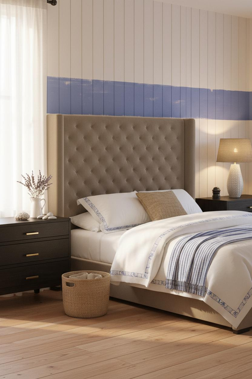 Bright coastal bedroom with soft blue walls, white bedding on modern bed frame, black nightstand, natural light from windows, and beach house aesthetic throughout the airy space.