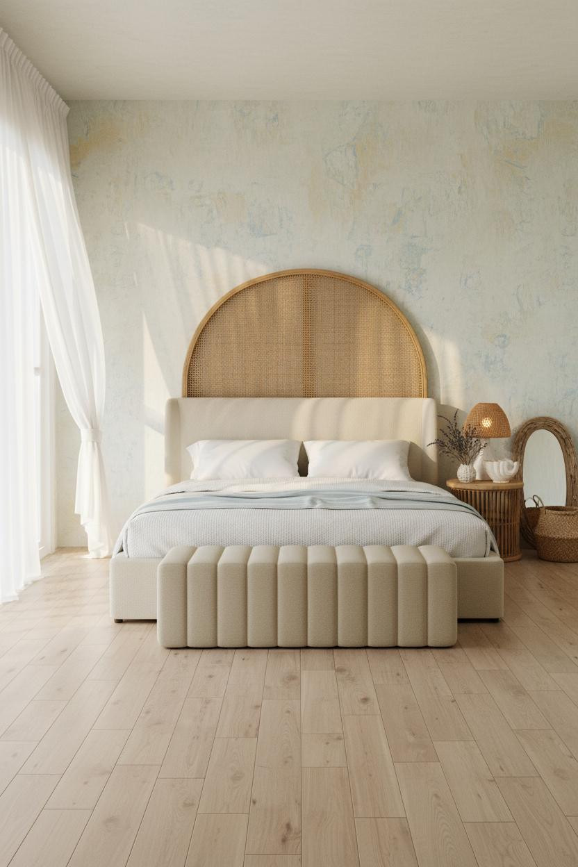 Bright coastal granddaughter bedroom with soft blue walls, white bedding on upholstered bed frame, cream channeled ottoman, natural light from windows, and beach house aesthetic throughout.
