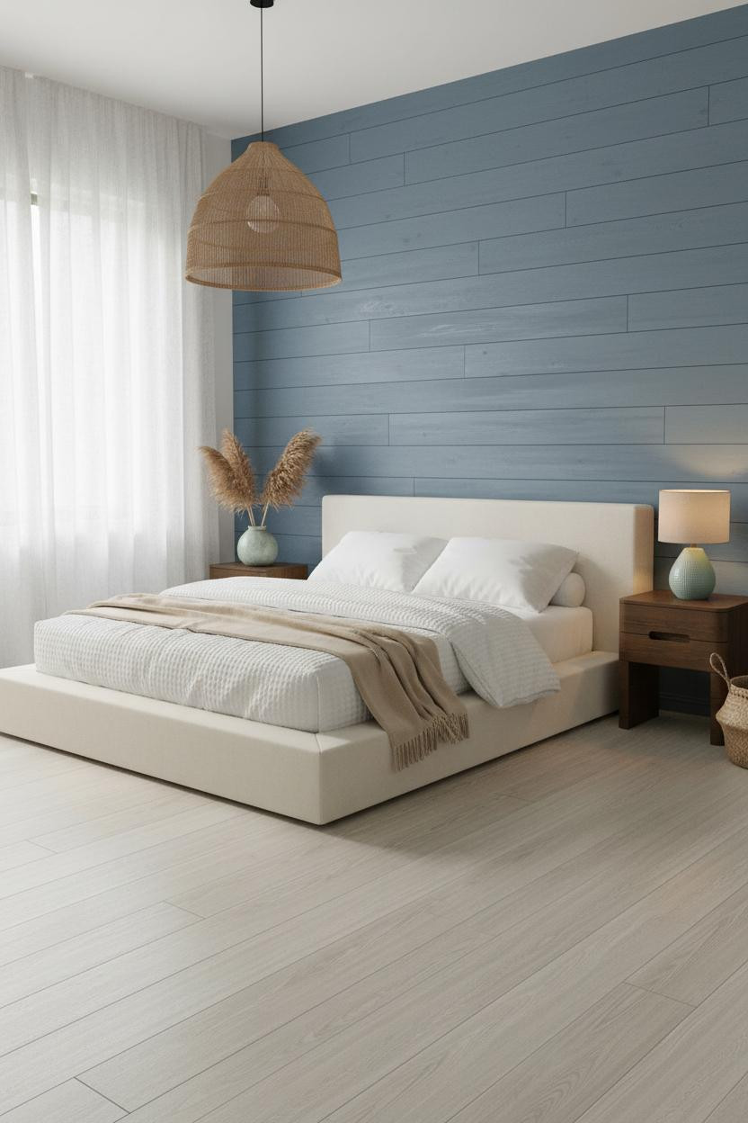 Bright coastal bedroom with soft blue walls, white bedding, light wood nightstand, and natural daylight from windows creating a calm beach house aesthetic.