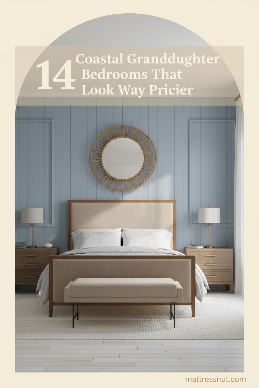 Coastal granddaughter bedroom with powder-blue tongue-and-groove paneling, white waffle-weave bedding, rattan mirror, and whitewashed pine floors