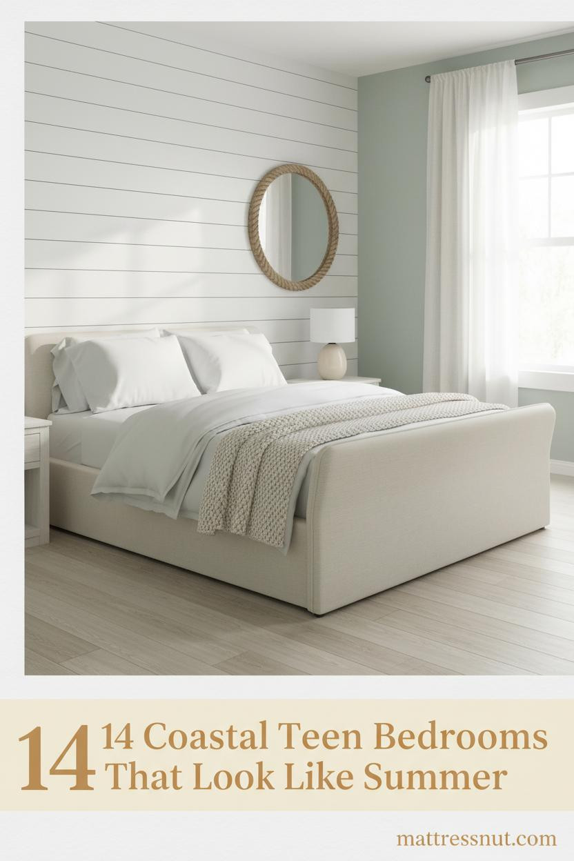 Airy coastal teen bedroom with whitewashed shiplap, seafoam walls, ivory bedding, chunky knit throw, and bleached oak floors in morning light