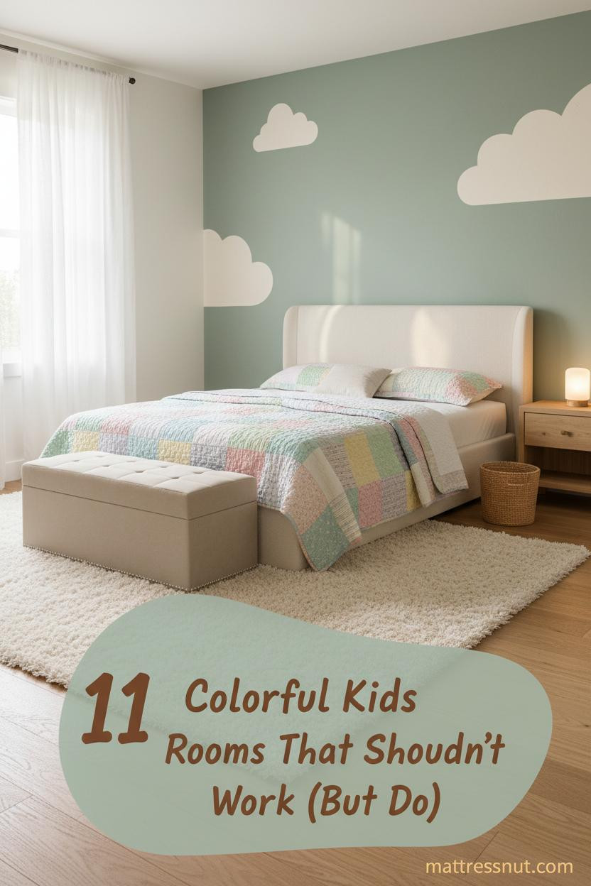 Colorful kids bedroom with sage green cloud accent wall, pastel patchwork quilt, light oak floors, cream rug, and soft morning light