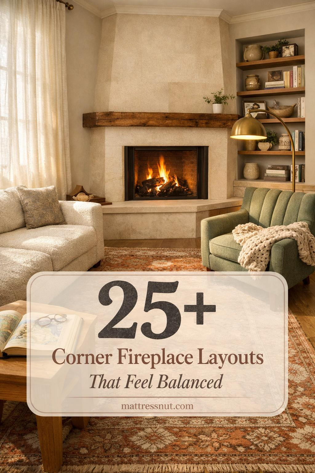 Living room featuring angled corner fireplace with flanking built-in shelving, L-shaped sectional sofa, neutral tones, area rug, coffee table, balanced furniture arrangement