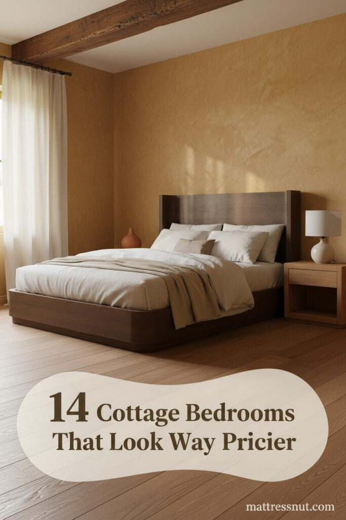 Warm cottage bedroom with ochre limewash walls, chestnut ceiling beam, oat linen bedding, wood nightstand, ceramic vase, and soft morning light