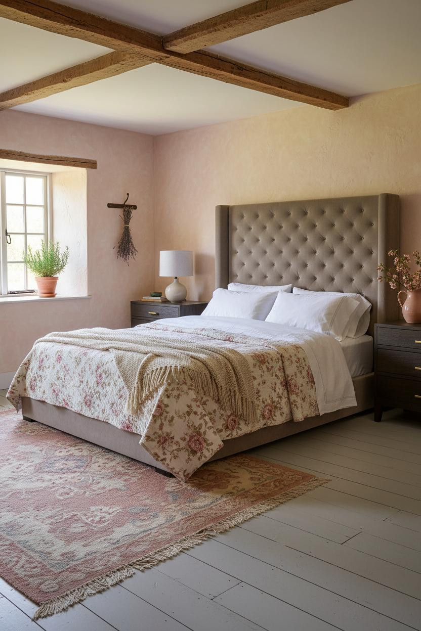 Bright cottage bedroom with cream bedding, wooden bed frame, soft natural light from window, vintage bedside lamp, warm neutral palette, and airy farmhouse aesthetic.
