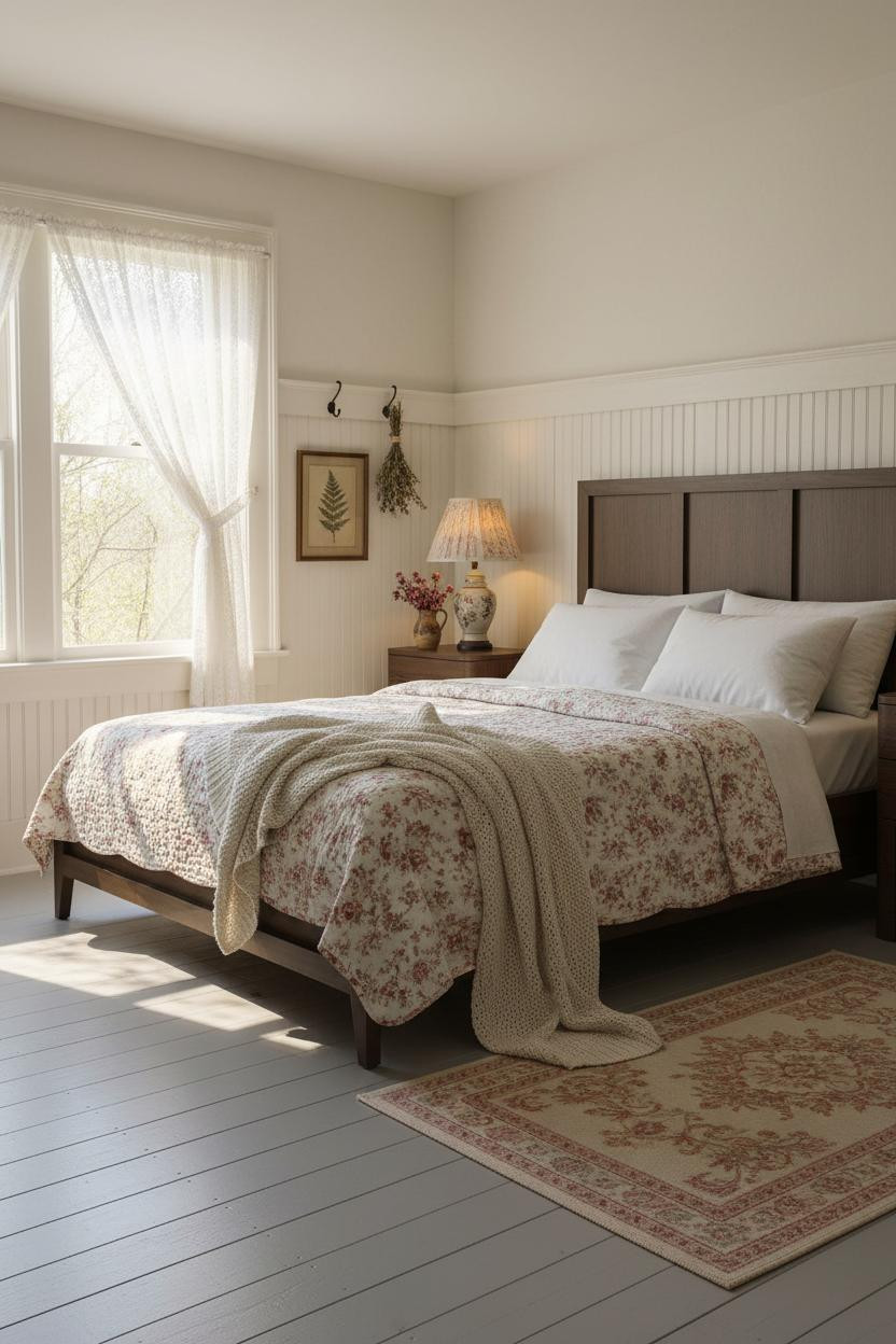 Bright cottage bedroom with cream bedding, wooden nightstand, soft natural light from window, warm beige walls, and vintage-inspired decor creating a cozy, serene retreat space.