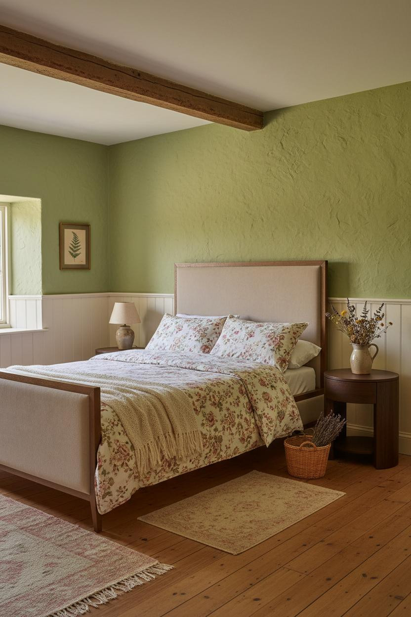 Bright cottage bedroom with natural wood bed frame, white bedding, wooden nightstand, soft neutral palette, and warm natural daylight from window creating airy, cozy bedroom retreat.