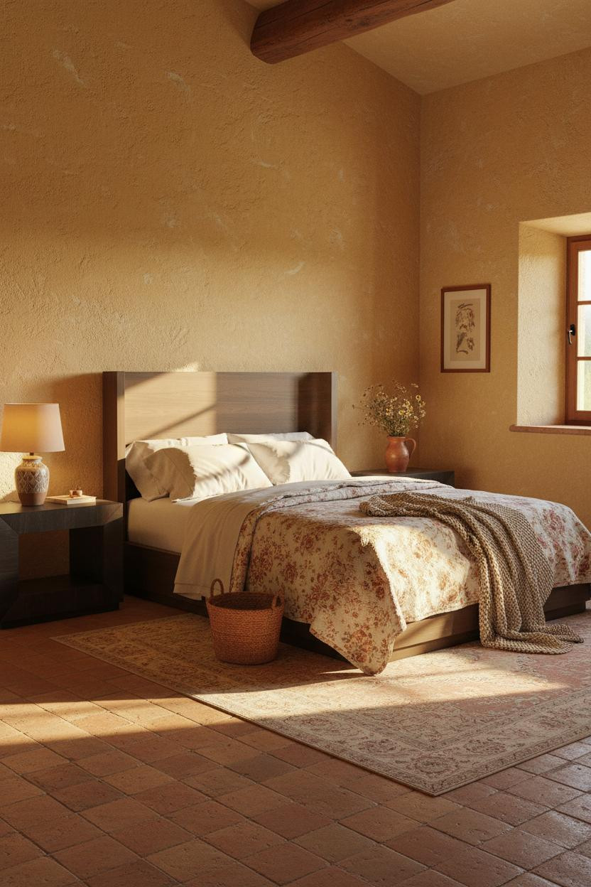 Bright cottage bedroom with natural wood bed frame, cream bedding, wooden nightstand, soft neutral palette, and warm daylight from windows creating an airy, cozy retreat.