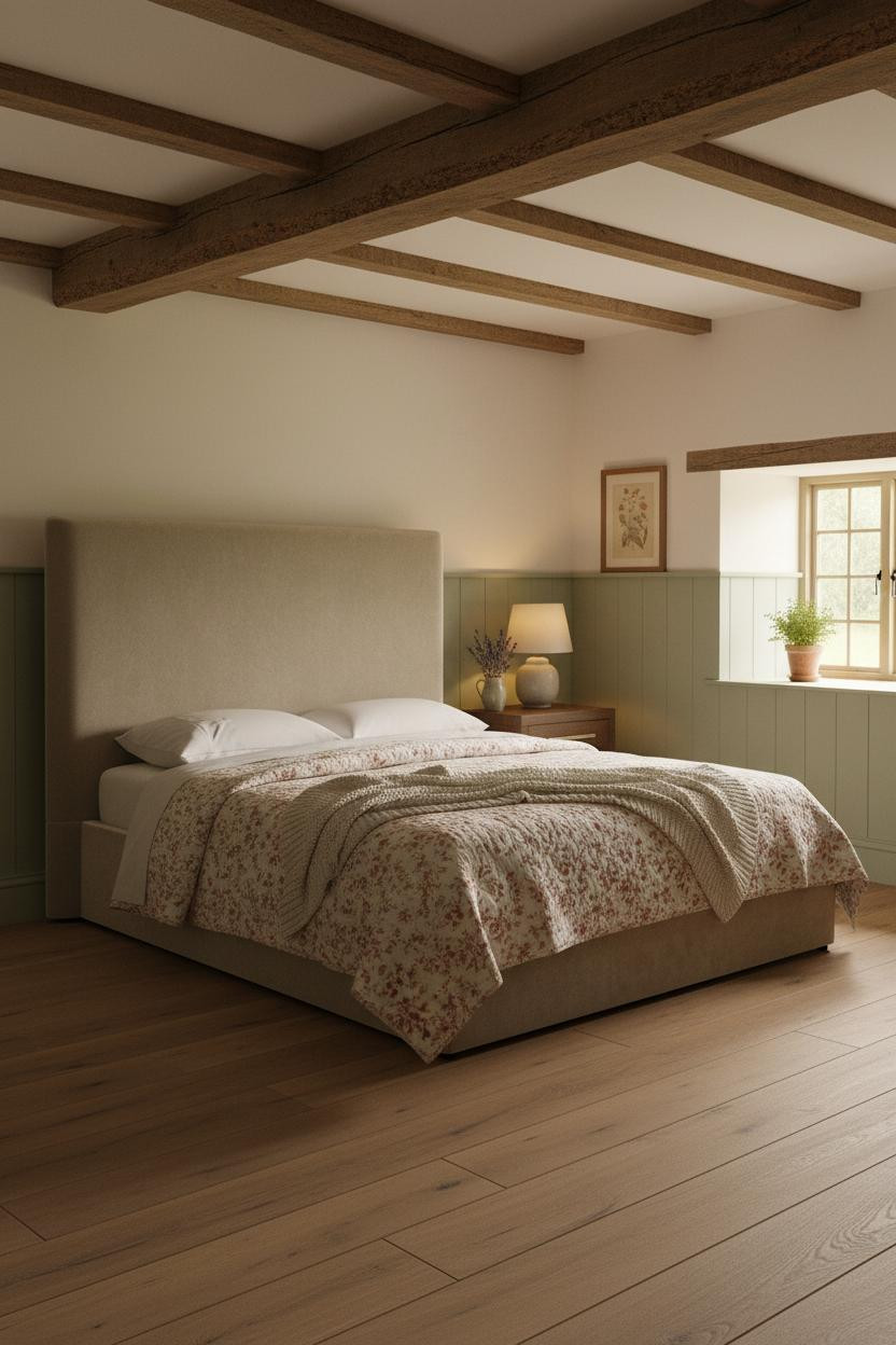 Bright cottage bedroom with wooden bed frame, cream linens, madeleine-style nightstand, soft natural light from window, warm beige walls, vintage farmhouse decor, and cozy bedroom arrangement.