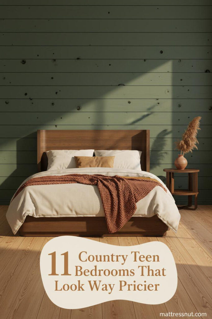 Sage shiplap headboard wall with honey pine floors, cream duvet, rust throw, and dried pampas in a clay vessel on a wood nightstand