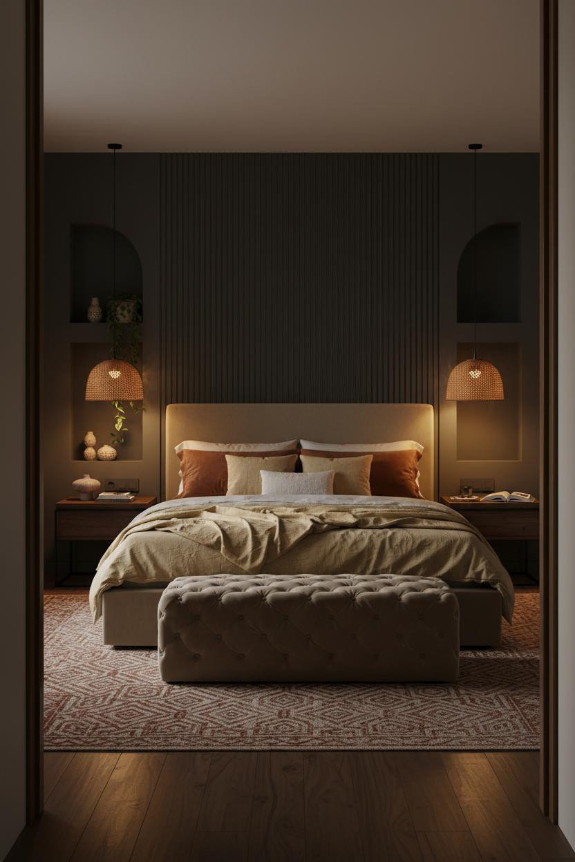 Couple Bedroom Charcoal Accent Wall with Rattan Pendant Lights and Warm Linen