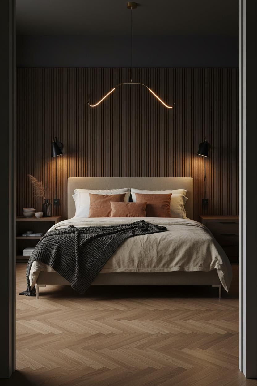 Couple Bedroom Charcoal Oak Paneling with Warm Greige Accent Wall