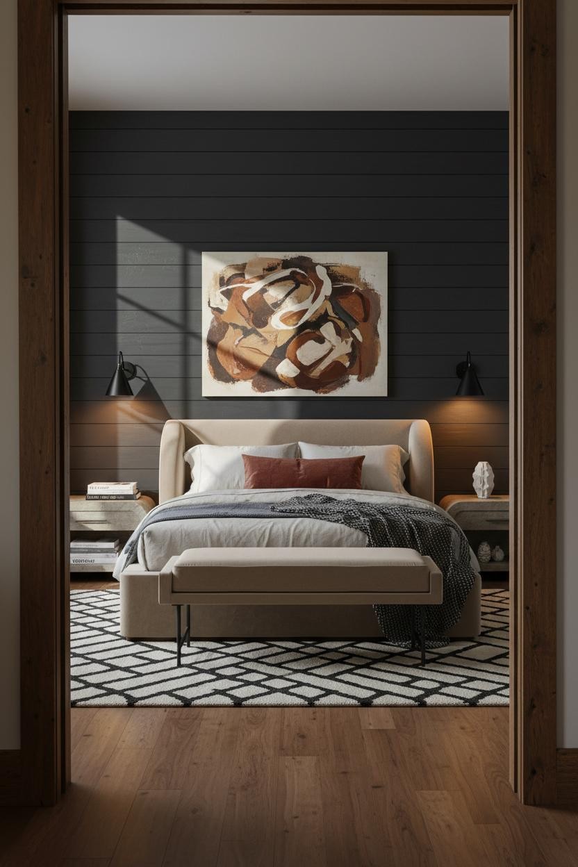 Couple Bedroom Charcoal Shiplap Accent Wall with Warm Lighting